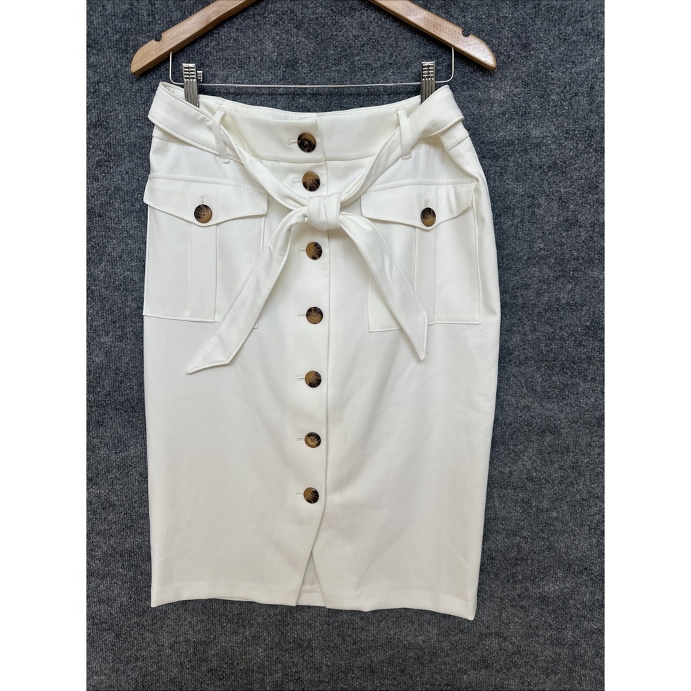 White House Black Market Women's Sz 12 Cream Pencil Skirt Belted Button Career